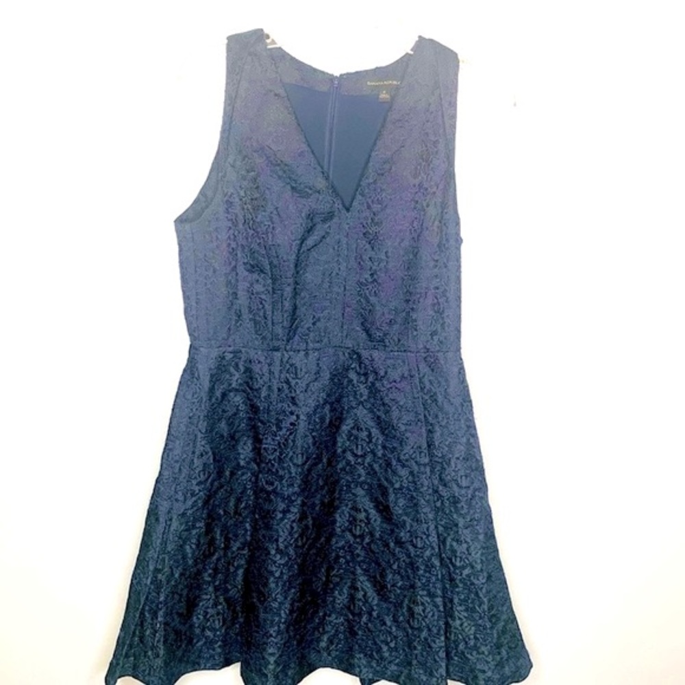 Banana Republic Lace Overlay Dress, Navy with black lace, v neck, Fit and Flair